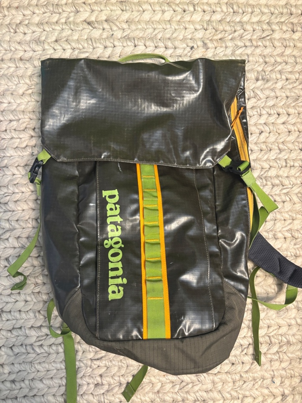 Patagonia Olive Green Roll-Top Backpack with Yellow Trim